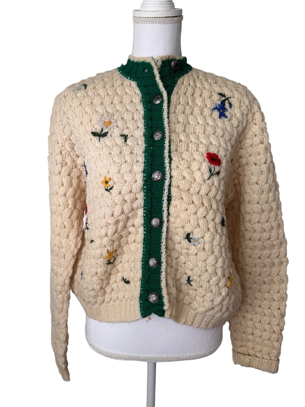 Vintage 70s Austrian Wool Cardigan Hand Embroidered Floral Tyrolean Knit